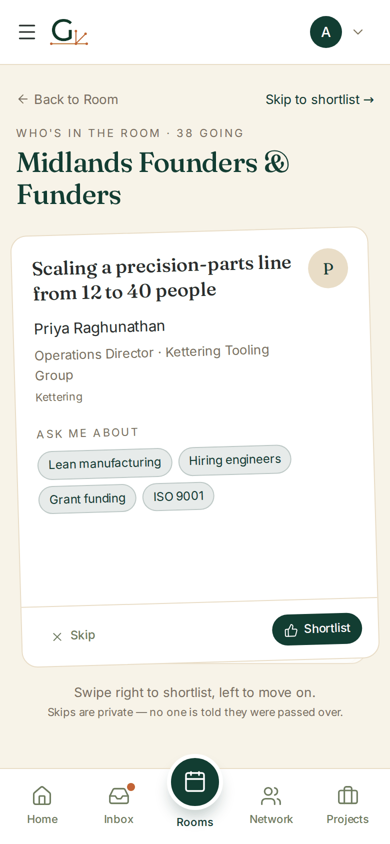 Attendee card showing what someone is working on, their role, and the topics they invite questions about, with skip and shortlist actions.