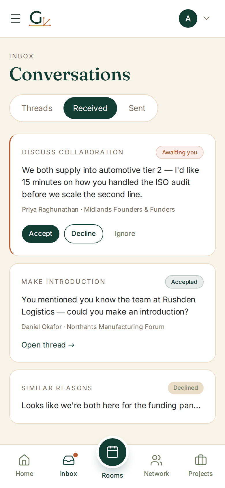 Conversations inbox showing received nudges with their intent and status.