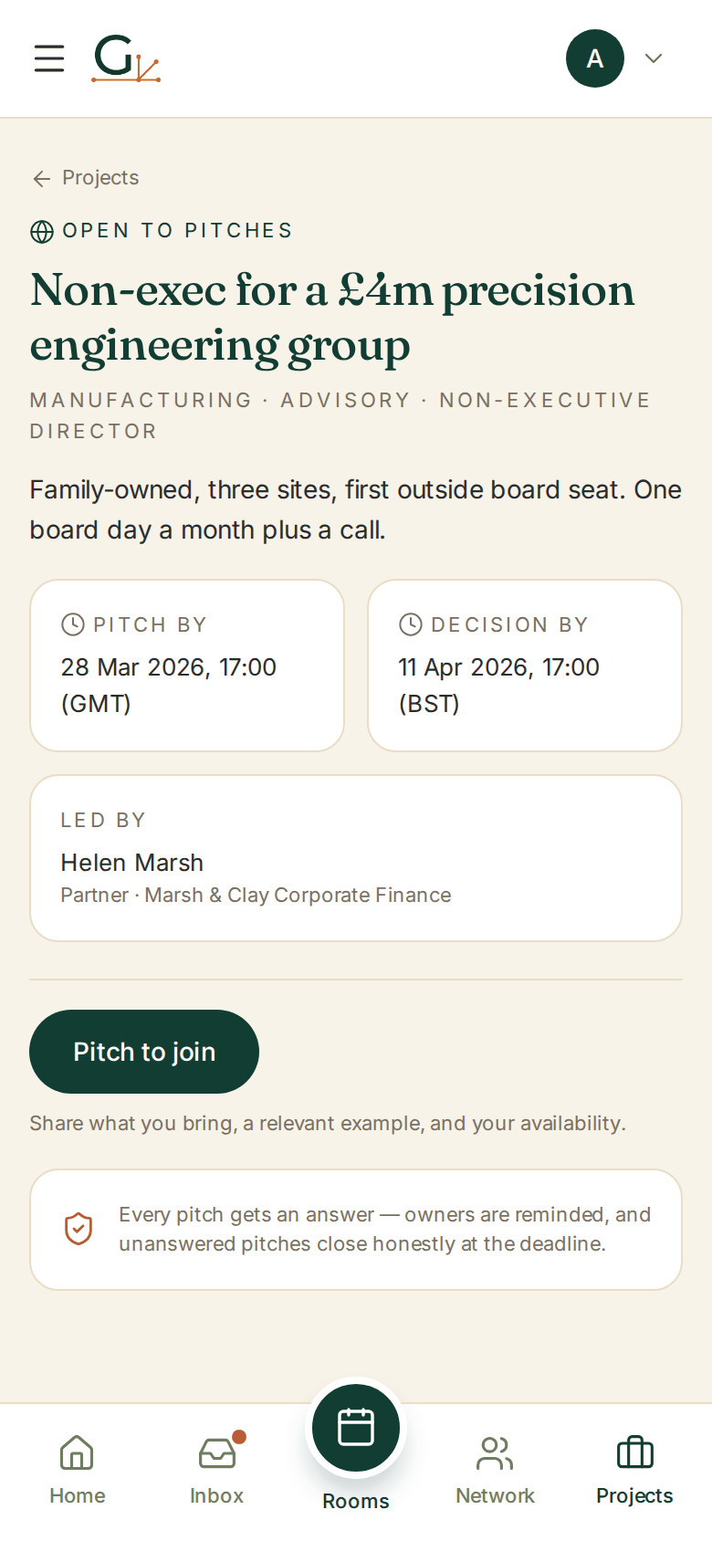 A project open to pitches: a non-executive director role, with pitch and decision deadlines.