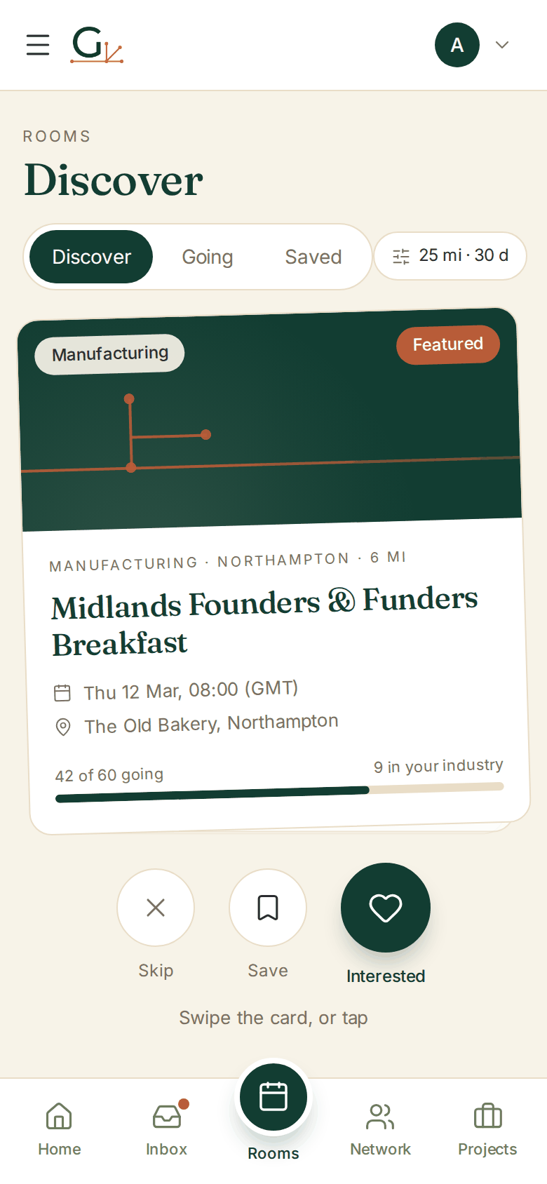 The Gantry app showing the Discover screen: a swipeable card for a Midlands founders and funders breakfast in Northampton.